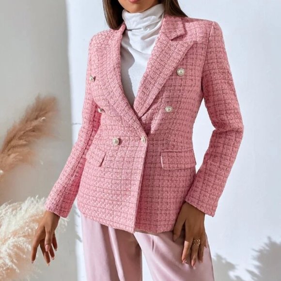 Classic Tweed Plaid Double Breasted Blazer Pink - Picture 2 of 6